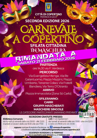 Carnevale a Copertino 2026 Seconda Edizione -  Rinvio evento al 21 febbraio 2026