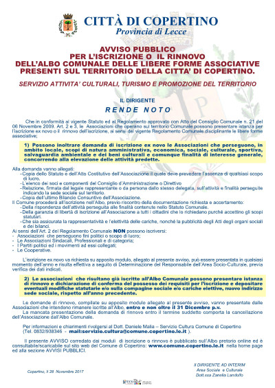 AVVISO PUBBLICO PER L&rsquo;ISCRIZIONE O  IL RINNOVO DELL&rsquo;ALBO COMUNALE...